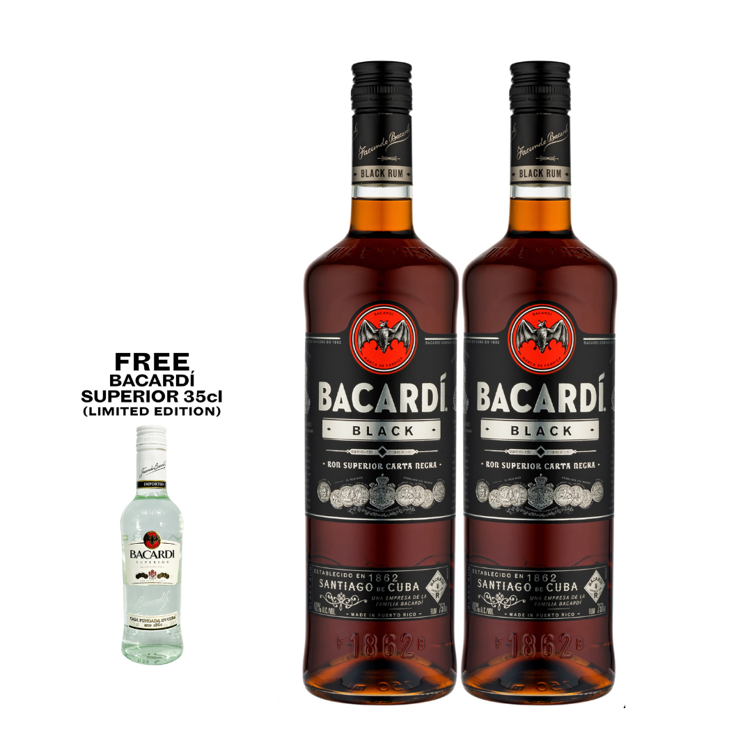 Bacardi Black Rum 75cl (2 bottles) with FREE Bacardi Superior 35cl