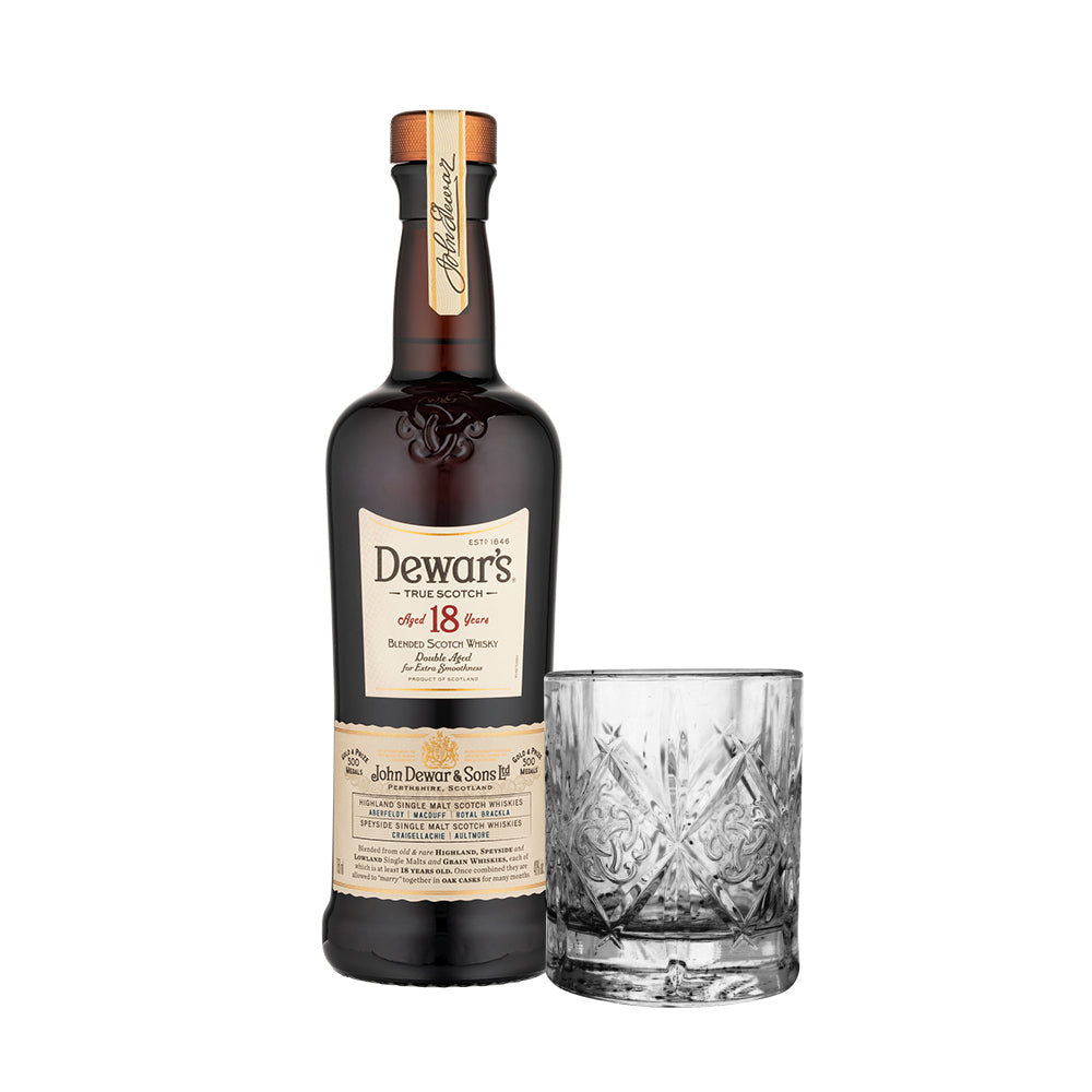 Dewars 18 Year Old Whisky 75cl with Premium Rock Glass