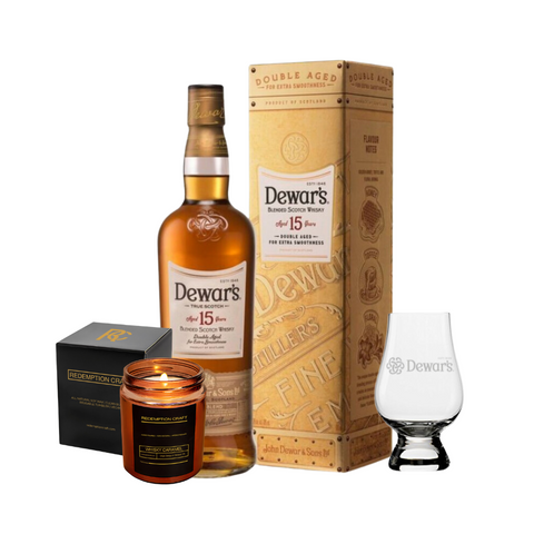 Dewars 15 Year Old Scotch Whisky 75cl with Dewars Glencairn Glass & Caramel Candle