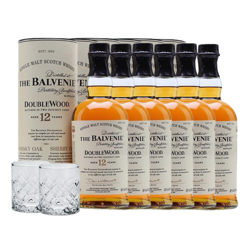 Balvenie 12 Year Old Double Wood 70cl (6 bottles) with FREE 2 pcs Kosa Single Rock Glass