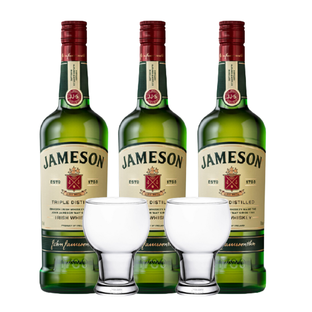 John Jameson Blended Irish Whiskey 70 cl (3 Bottles with FREE 2 Tumbler Bavaria 16oz)