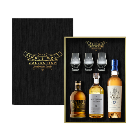 The Singlemalt Collection - Aberfeldy 12, Aultmore 12, Royal Brackla 12 + 3 Nosing Glasses